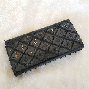 VINTAGE Black Satin Evening Clutch with Sequins Beading